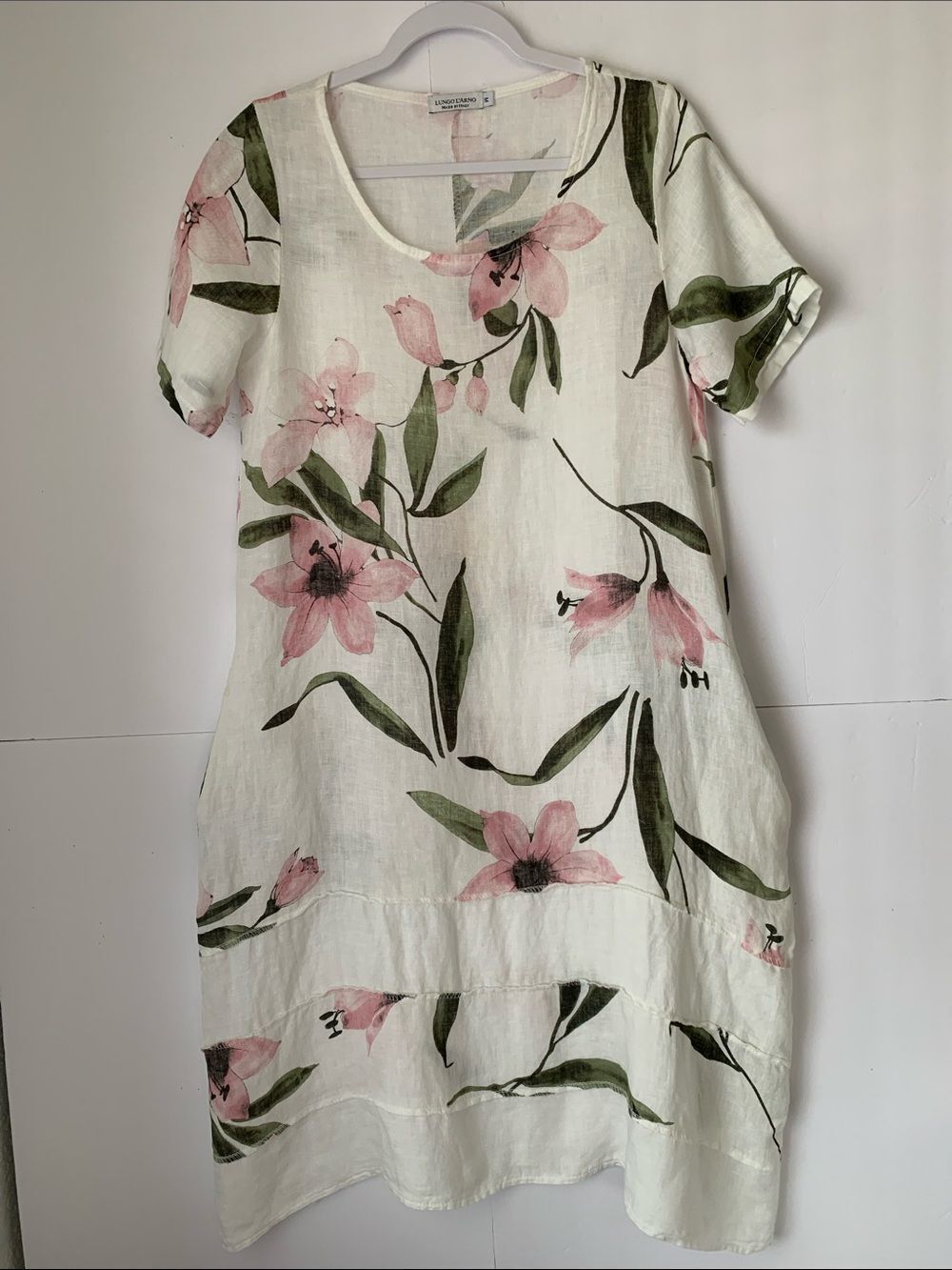 Lungo L’arno Italy Linen Floral Dress - Pink/Green Pockets Size M